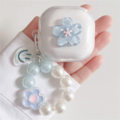 Kawaii Cute 3D Blue Sakura Earbuds Слушалки Мек калъф за Samsung Galaxy Buds Live с ключодържател Калъф за Samsung Buds 2 Pro