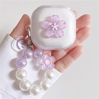 Kawaii Cute 3D Purple Sakura Earbuds Слушалки Мек калъф за Samsung Galaxy Buds Live с ключодържател Калъф за Samsung Buds 2 Pro