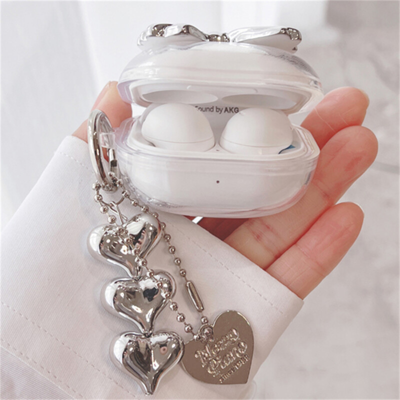 Сладки сребърни слушалки с панделка Слушалки Мек калъф за Samsung Galaxy Buds Live With Love Heart Pendant Case за Samsung Buds2 Pro