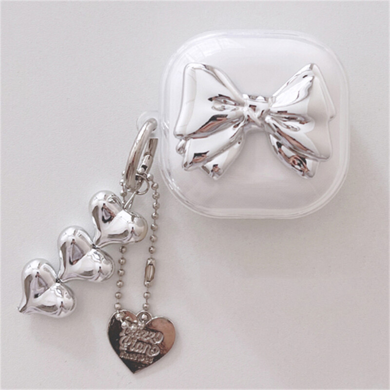 Сладки сребърни слушалки с панделка Слушалки Мек калъф за Samsung Galaxy Buds Live With Love Heart Pendant Case за Samsung Buds2 Pro