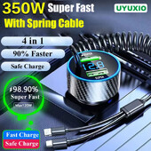 4 в 1 USB зарядно за телефон за кола с двоен порт тип C с прибиращ се кабел Адаптер за супер бързо зареждане за iPhone Samsung OPPO Huawei