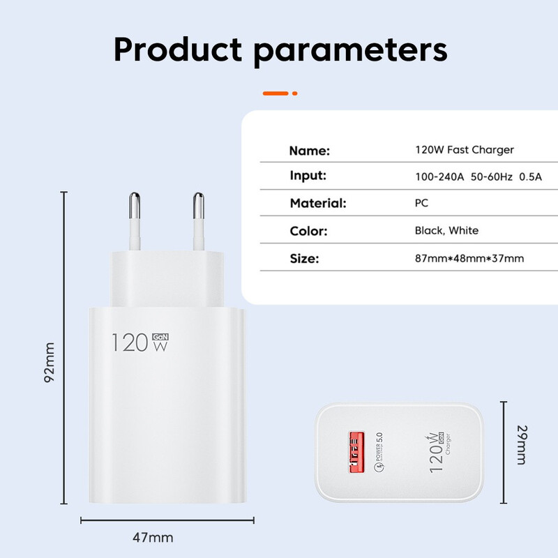 120 W USB įkroviklis Greitas įkrovimas 3.0 USB C laidas C tipo įkrovimo laidas Greitas telefono įkroviklis Sieninis adapteris, skirtas iPhone iPad Xiaomi Samsung