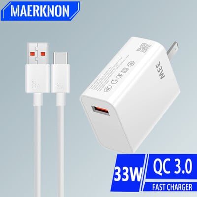 USB зарядно устройство 33W бързо зареждане EU/US Plug Стенен зарядно устройство 6A Type C кабел за Xiaomi Redmi K30 K40 iPhone адаптер за бързо зареждане на телефон