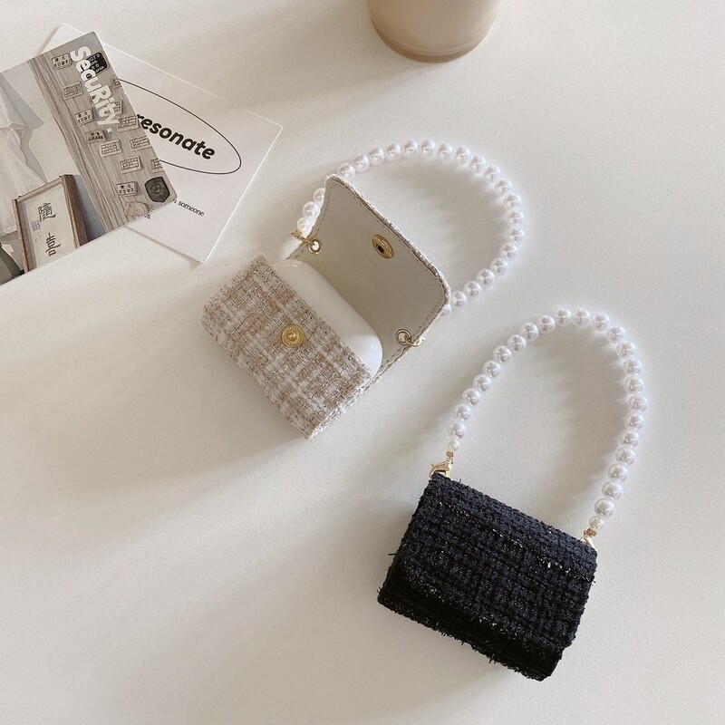 Prabangus rudens žiemos tvido audinio ausinių dėklo krepšys, skirtas AirPods 4 3 2 perlų apyrankės dėklas, skirtas Airpods Pro 2 įkrovimo dėžutės dangtelis