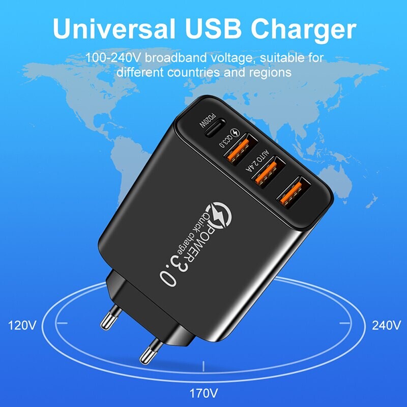 Naujas greito įkrovimo JAV standartinis euro standartinis įkroviklis 3USB C tipo mobiliojo telefono kelioninio įkroviklio universalus adapteris