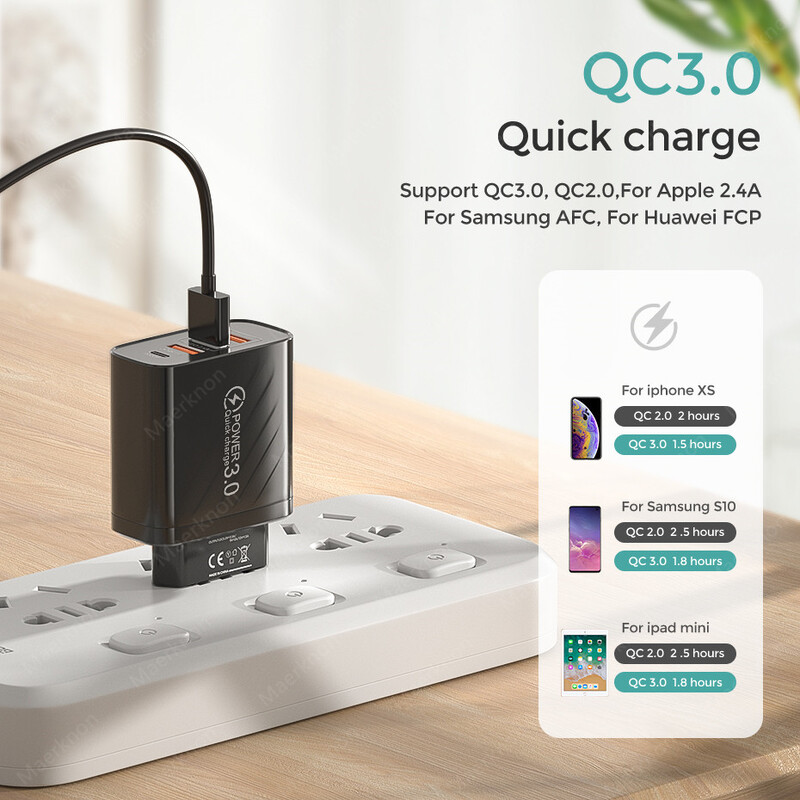 Φορτιστής 48W USB 4 Θύρα Τύπου C Γρήγορη φόρτιση QC 3.0 Για Samsung Xiaomi mi10 Προσαρμογέας φορτιστή Huawei για Smartphone PD Γρήγορη φόρτιση
