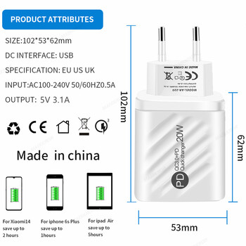 Φορτιστής USB PD 20W Γρήγορη φόρτιση Τύπος C Ψηφιακή οθόνη Προσαρμογέας φόρτισης τηλεφώνου για iPhone Samsung Xiaomi Huawei USB C Φορτιστής τοίχου