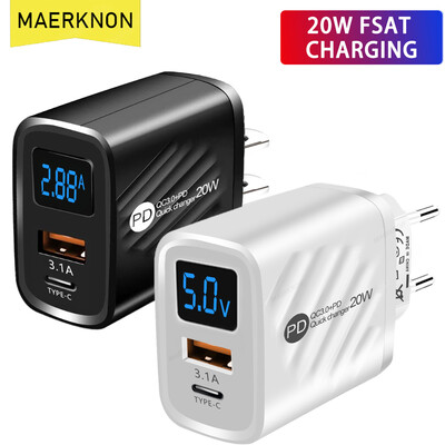 USB PD punjač 20W brzo punjenje Tip C Digitalni zaslon Adapter za punjenje telefona za iPhone Samsung Xiaomi Huawei USB C zidni punjač