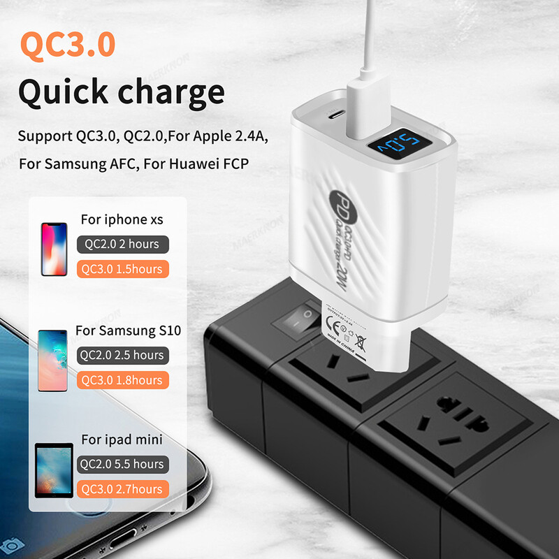 USB PD įkroviklis 20W greito įkrovimo C tipo skaitmeninis ekranas telefono įkrovimo adapteris, skirtas iPhone Samsung Xiaomi Huawei USB C sieninis įkroviklis