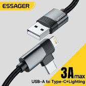 Essager 2-u-1 Kabel pod pravim kutom USB A To Typec Lighting 3A Brzo punjenje lakat podatkovni kabel za iPhone 16 15 14 Samsung iPad Pro