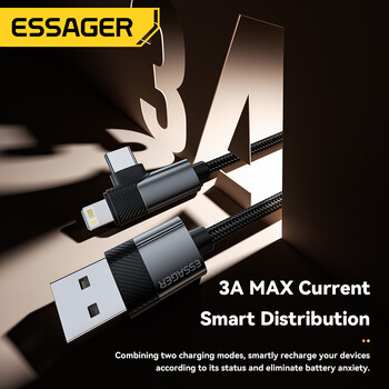 Essager 2-σε-1 Καλώδιο ορθής γωνίας USB A σε Typec Lighting 3A Καλώδιο δεδομένων αγκώνα γρήγορης φόρτισης για iPhone 16 15 14 Samsung iPad Pro