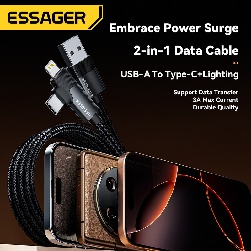 Essager 2-u-1 Kabel pod pravim kutom USB A To Typec Lighting 3A Brzo punjenje lakat podatkovni kabel za iPhone 16 15 14 Samsung iPad Pro