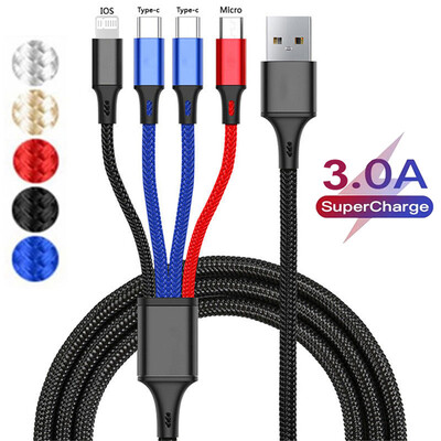 4 In 1/3 In 1 Micro USB Type C kiirlaadimiskaabel 3A kiirlaadimistelefoni andmeliini juhe iPhone 15 14 Xiaomi Huawei USB C jaoks