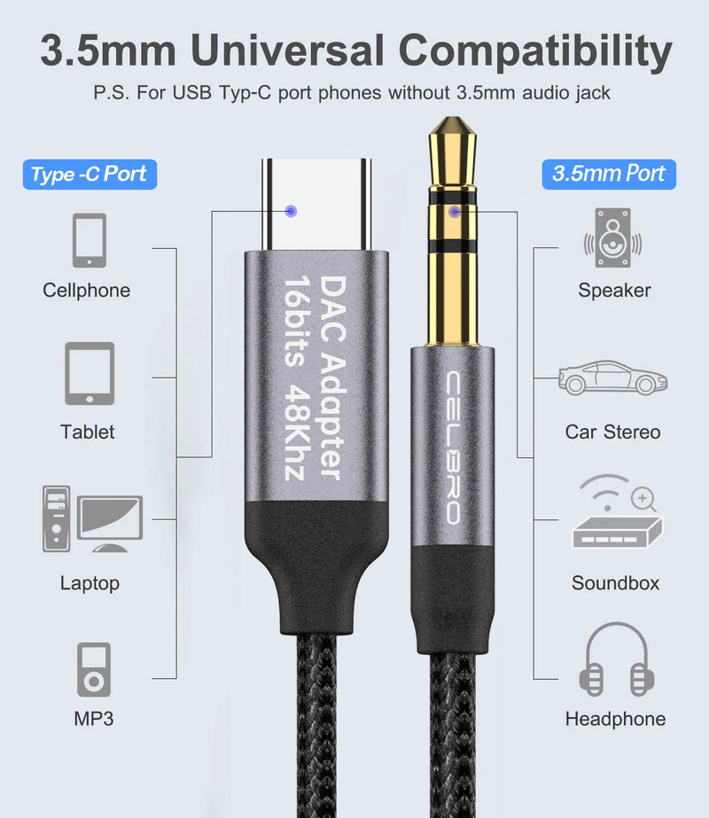 AUX kabel tipa C do 3,5 mm utičnice, audio utikač, adapter za zvučnike za Samsung Huawei iPone Realme, automobilske slušalice, žica za pretvaranje računala
