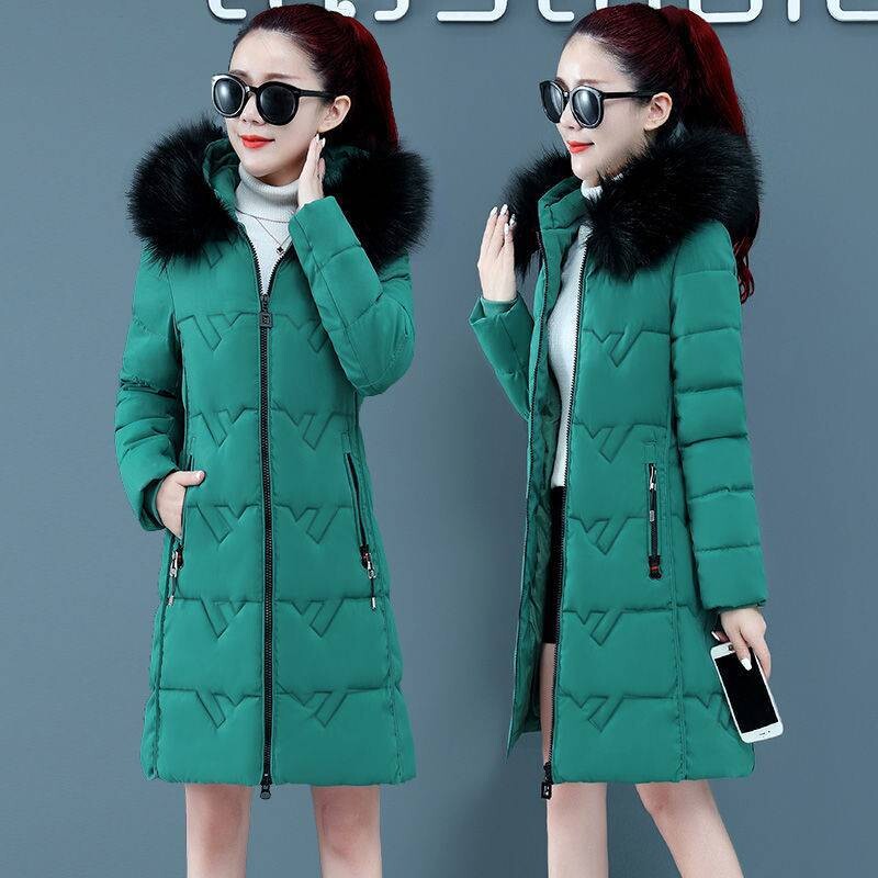 2024 haine noi de iarnă din bumbac pentru femei, bumbac subțire, cu glugă de lungime medie, stil coreean, jachete îngroșate din bumbac, guler mare de piele