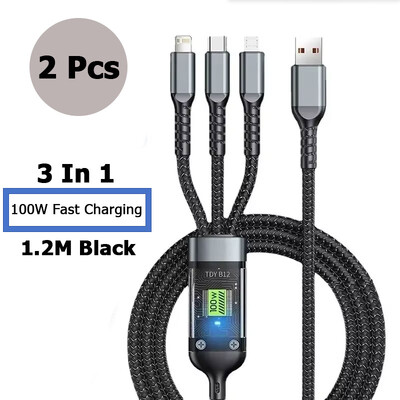 3 u 1 100w prozirni kabel za brzo punjenje Lightning Type C Micro USB za Iphone Samsung Huawei Xiaomi Kabeli za punjač za tablete