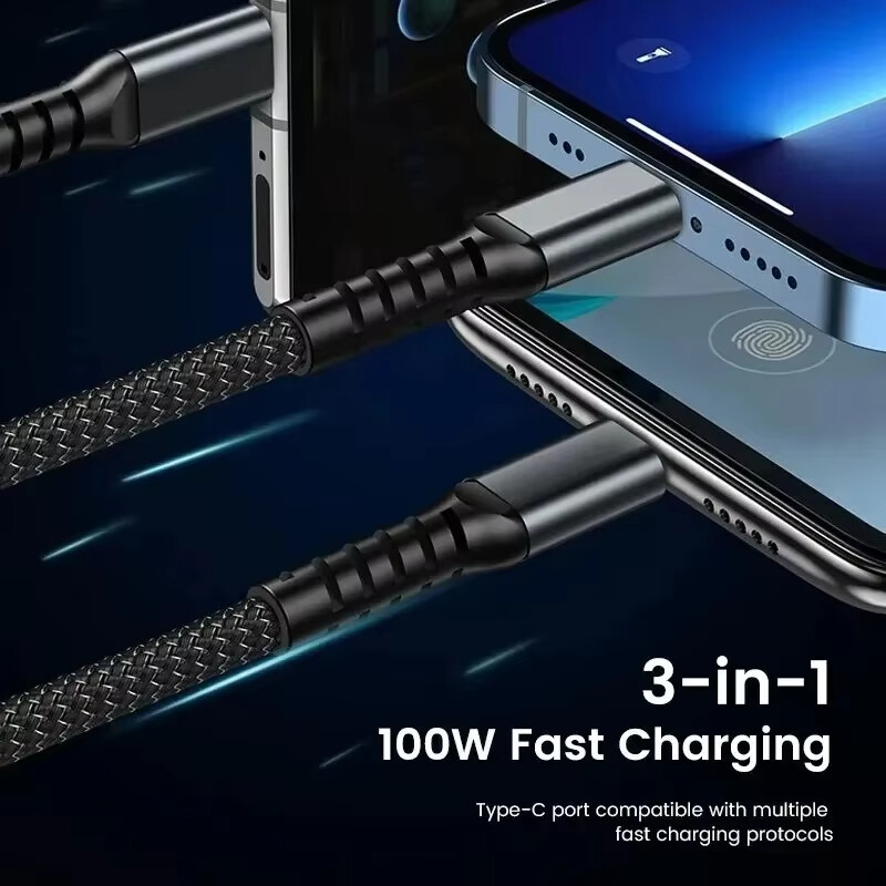 3 u 1 100w prozirni kabel za brzo punjenje Lightning Type C Micro USB za Iphone Samsung Huawei Xiaomi Kabeli za punjač za tablete