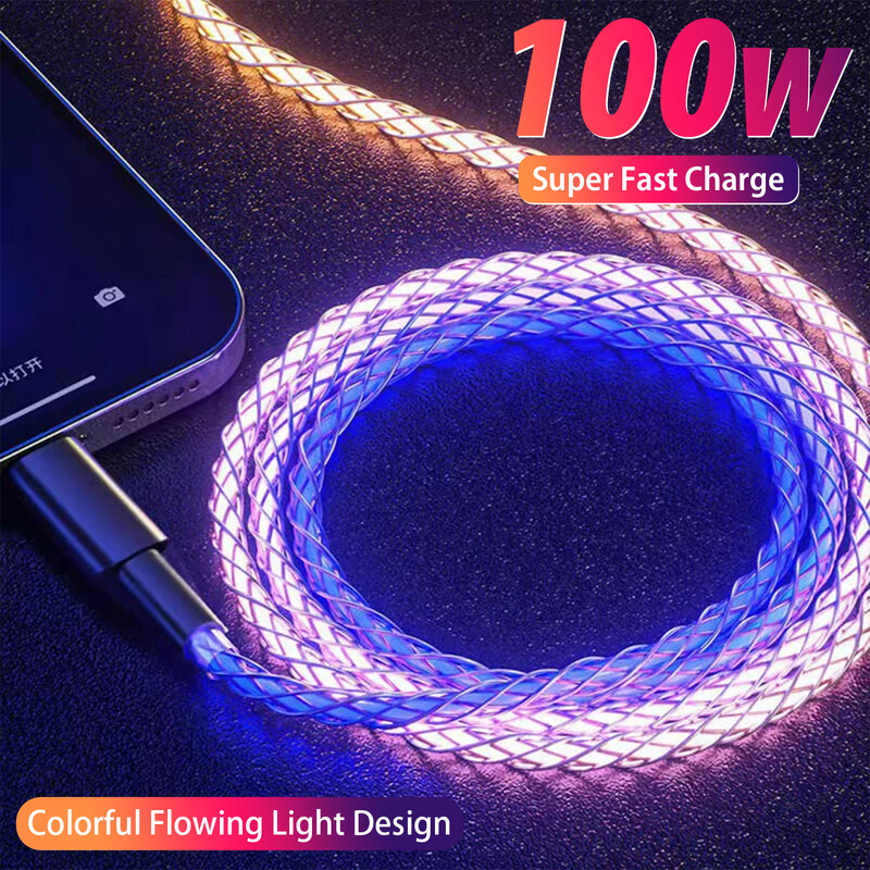 Цветни светещи кабели за данни Бързо зареждане USB A към Type-C кабел за iPhone 15 16 Pro MAX Ipad Samsung Mi USB C кабел за зарядно устройство