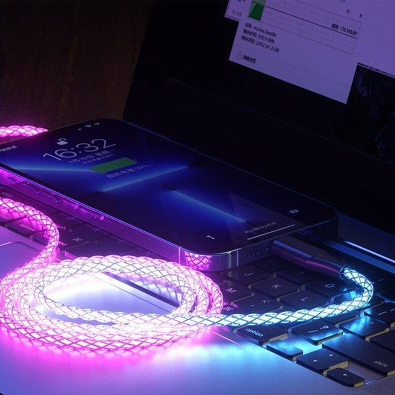 Цветни светещи кабели за данни Бързо зареждане USB A към Type-C кабел за iPhone 15 16 Pro MAX Ipad Samsung Mi USB C кабел за зарядно устройство