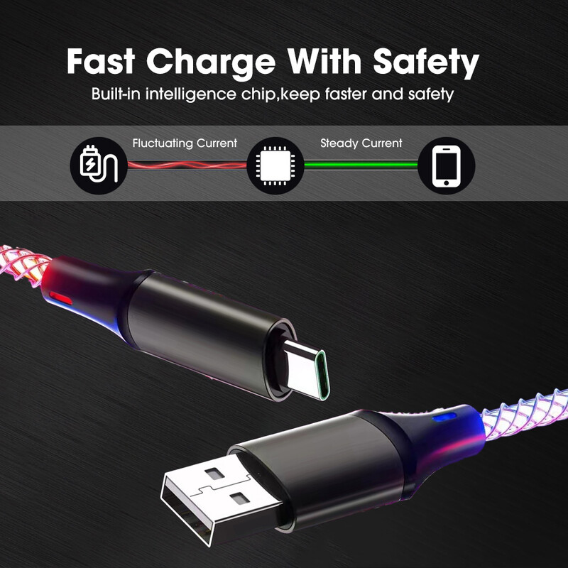 Цветни светещи кабели за данни Бързо зареждане USB A към Type-C кабел за iPhone 15 16 Pro MAX Ipad Samsung Mi USB C кабел за зарядно устройство