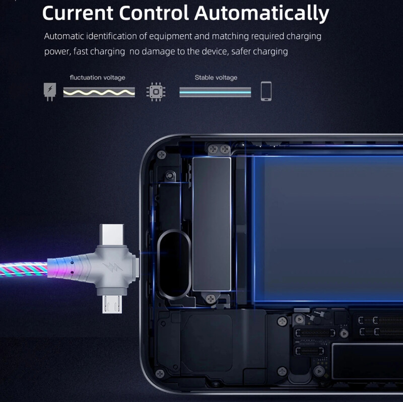 NNBILI 3 u 1 Flow svjetleći USB kabel za Samsung LED USB na mikro USB/TypeC/8 Pin žičani kabel za punjenje za iPhone 14 13 12 Pro Max