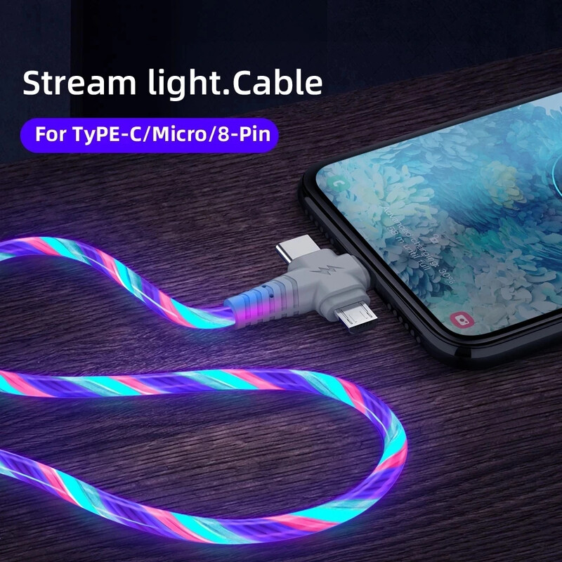 NNBILI 3 u 1 Flow svjetleći USB kabel za Samsung LED USB na mikro USB/TypeC/8 Pin žičani kabel za punjenje za iPhone 14 13 12 Pro Max