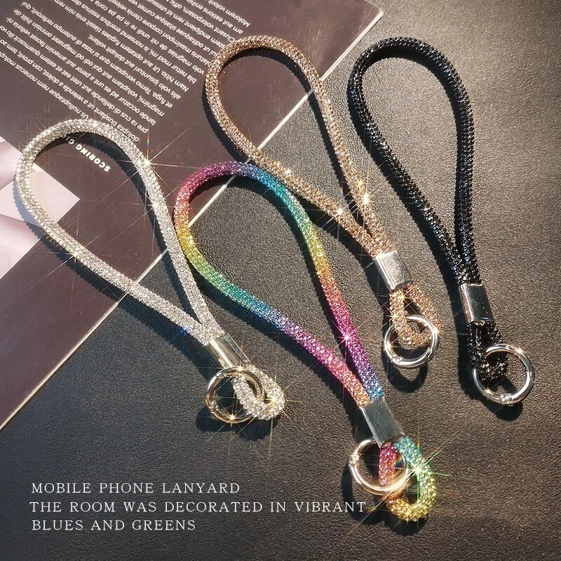 Glitter Flashy Rhinestone Cell Phone Charm Lanyard за iPhone Diamond Crystal Phone Wring Carts Keychain Vising Anti-lost Rop