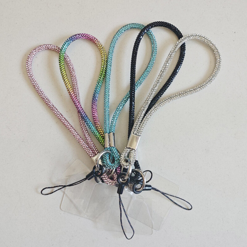 Glitter Flashy Rhinestone Cell Phone Charm Lanyard за iPhone Diamond Crystal Phone Wring Carts Keychain Vising Anti-lost Rop