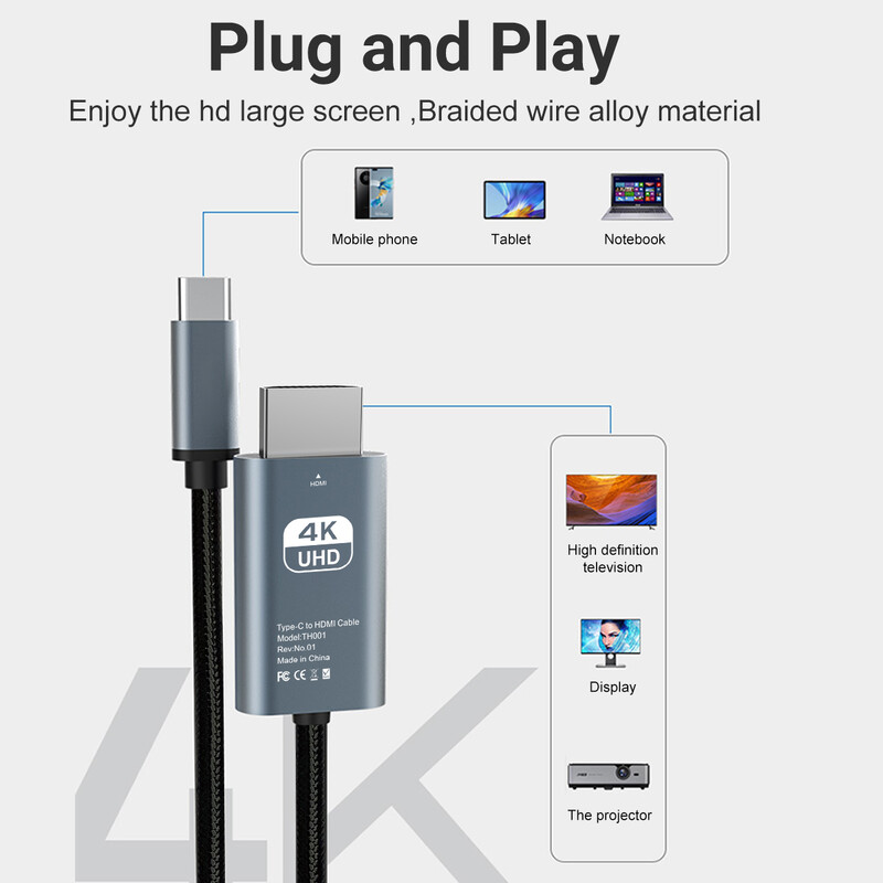Tip C na HDMI kabel 4K@60Hz/120Hz USB C na HDMI kompatibilan HDTV kabel za TV pretvarač MacBook Air iPad USB-C adapterski kabeli