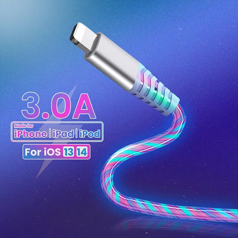 2 m srauto USB duomenų kabelis, skirtas iPhone 14 13 12 Pro Max 11 XS 8 7 6 Šviesus 3A greito įkrovimo laidas