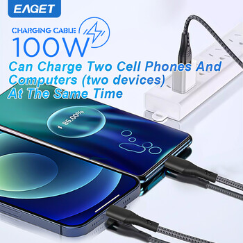 Καλώδιο Eaget 2 σε 1 USB C για iPhone15 16 100W PD Τύπος C έως C έως Lightning QC 4.0 Καλώδιο γρήγορης φόρτισης Τύπου C Καλώδιο για υπολογιστή Samsung