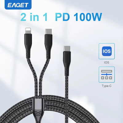 Eaget 2 az 1-ben USB C-kábel iPhone15-höz 16 100 W-os PD C-C-C-Lightning QC 4.0 gyorstöltőkábel C-típusú kábel PC-hez Samsung