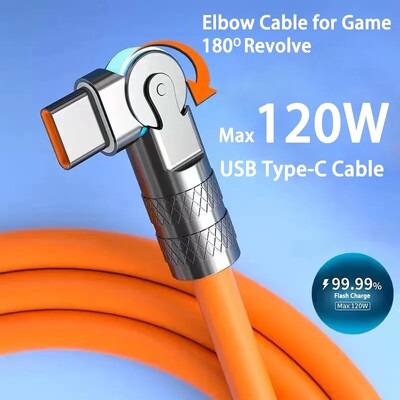 120 W 7A gyorstöltő USB Type C kábel 180 fokban elforgatható könyökkábel játékhoz Xiaomi Redmi Honor telefontöltő USB C kábel