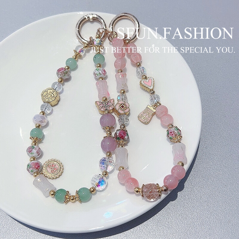 Lanac s perlama u retro stilu, cvijet, leptir, elegantan i prefinjen mobilni telefon, kristalno kratko uže, privjesak, remen za zapešće + zakrpa