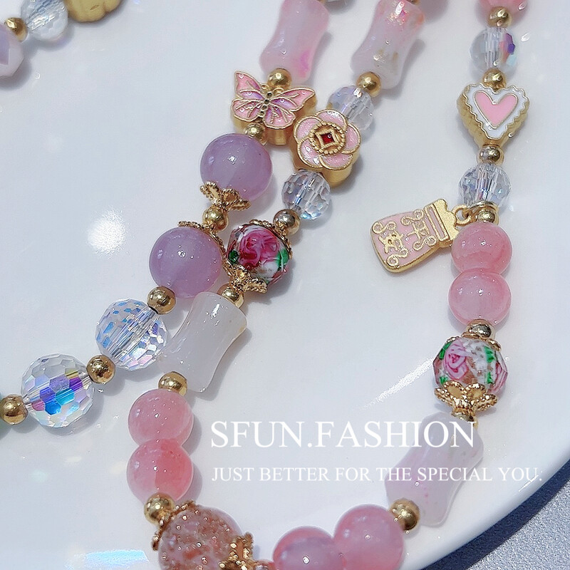 Lanac s perlama u retro stilu, cvijet, leptir, elegantan i prefinjen mobilni telefon, kristalno kratko uže, privjesak, remen za zapešće + zakrpa