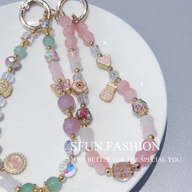 Lanac s perlama u retro stilu, cvijet, leptir, elegantan i prefinjen mobilni telefon, kristalno kratko uže, privjesak, remen za zapešće + zakrpa