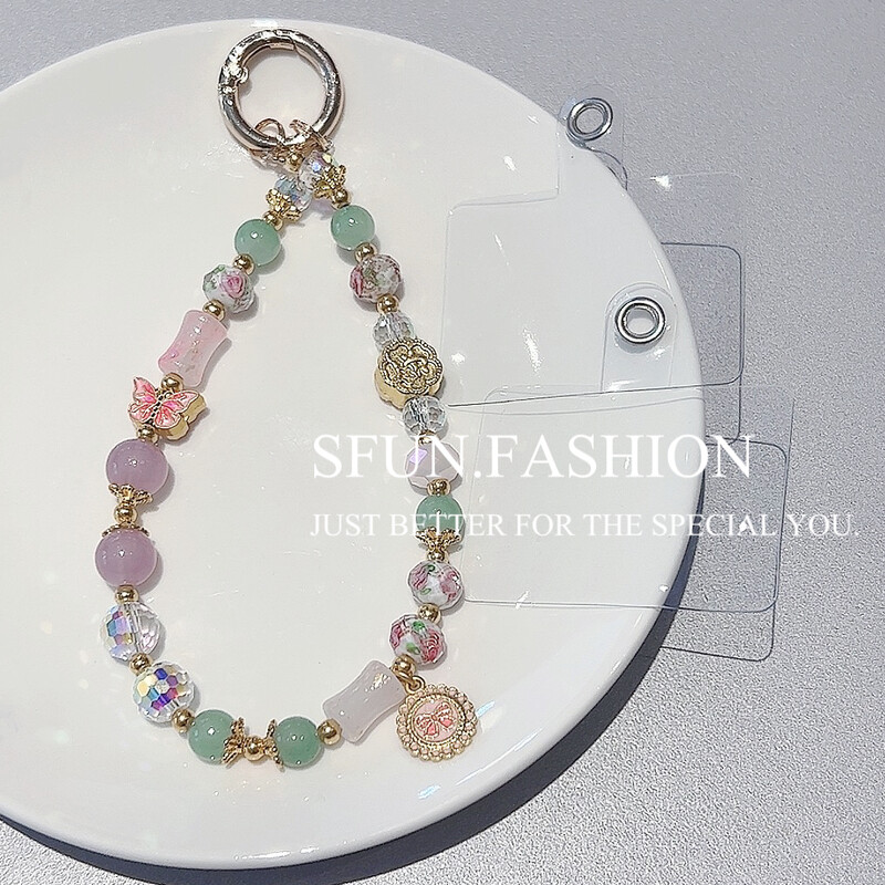 Lanac s perlama u retro stilu, cvijet, leptir, elegantan i prefinjen mobilni telefon, kristalno kratko uže, privjesak, remen za zapešće + zakrpa