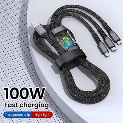 3 az 1-ben 100w átlátszó gyorstöltő kábel C típusú Usb Micro iPhone-hoz Samsung Huawei Xiaomi pilótalámpa töltő USB C 6A