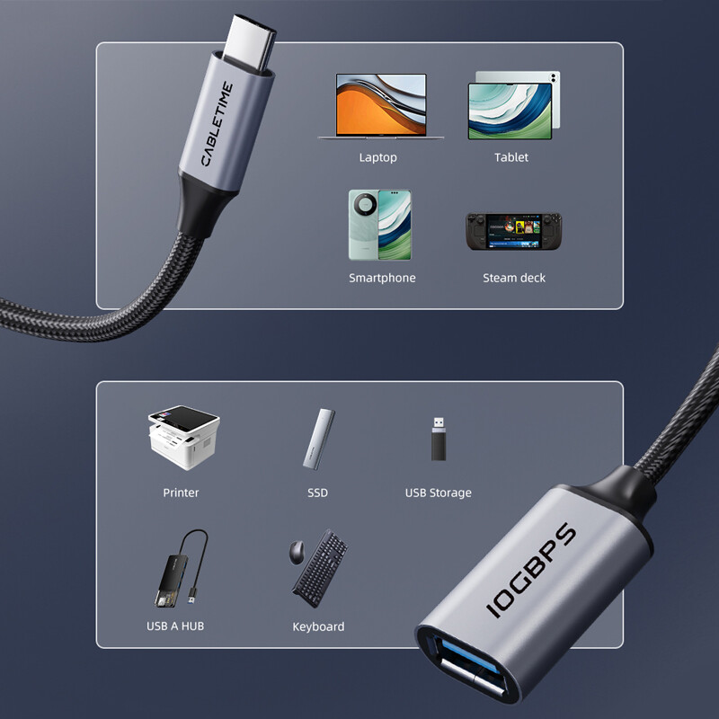 CABLETIME USB C 3.2 na USB A OTG adapter 10Gbps brzi tip C ženski pretvarač za Macbook Xiaomi Huawei iPhone 15 Data OTG