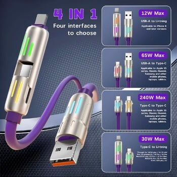 Καλώδιο γρήγορης φόρτισης 240W 4 σε 1 USB Type C σιλικόνης, για iPhone/Huawei/Samsung/Xiaomi, ανθεκτικό καλώδιο Type-C σε USB A