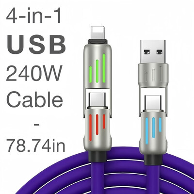 240 W-os 4 az 1-ben USB Type C szilikon gyorstöltő kábel, iPhone/Huawei/Samsung/Xiaomi számára, tartós C típusú USB A kábel