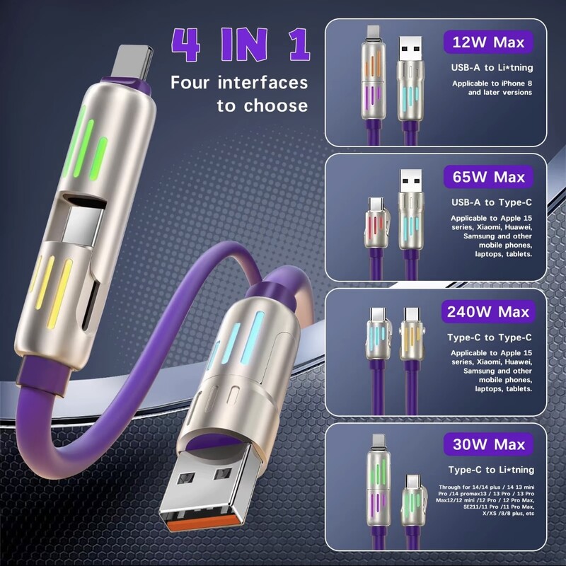 240W 4-u-1 USB tip C silikonski kabel za brzo punjenje, za iPhone/Huawei/Samsung/Xiaomi, izdržljivi kabel tipa C na USB A