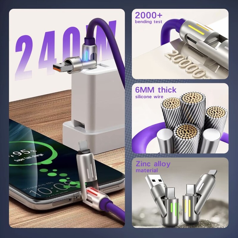 240W 4-u-1 USB tip C silikonski kabel za brzo punjenje, za iPhone/Huawei/Samsung/Xiaomi, izdržljivi kabel tipa C na USB A