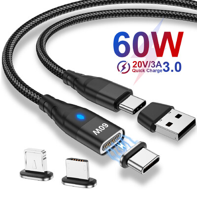 60 W-os mágneses kábel Gyorstöltő USB C-T TypeC mikro mágneses adatkábel iPhone-hoz Samsung mágneses töltő vezetékes USB A adapter