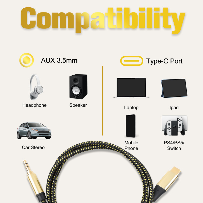 USB C na Aux kabel DAC tip C na 3,5 mm audio utičnica Kabel USB C na TRS slušalice Adapter za audio kabel za automobil HiFi kompatibilan s prijenosnim računalom