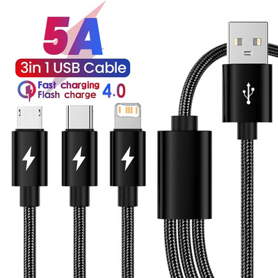 3 в 1 USB кабел за супер бързо зареждане за iPhone 14 Samsung Huawei Xiaomi Redmi POCO Micro USB Type C Зарядно устройство Плетен кабел 1 м 2 м