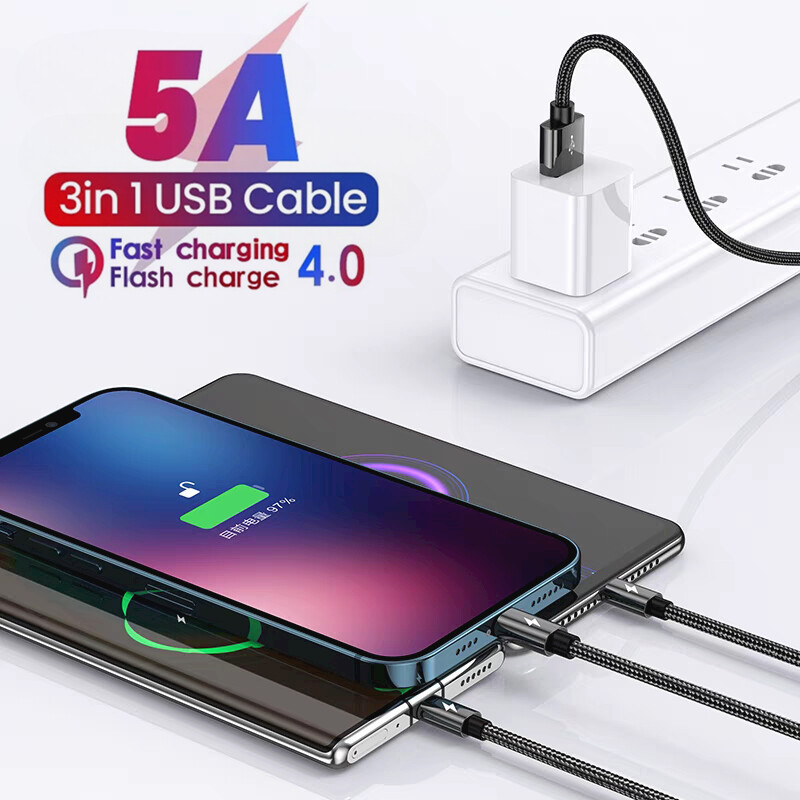 3 u 1 USB kabel za super brzo punjenje za iPhone 14 Samsung Huawei Xiaomi Redmi POCO Micro USB tip C punjač, pleteni kabel 1m 2m