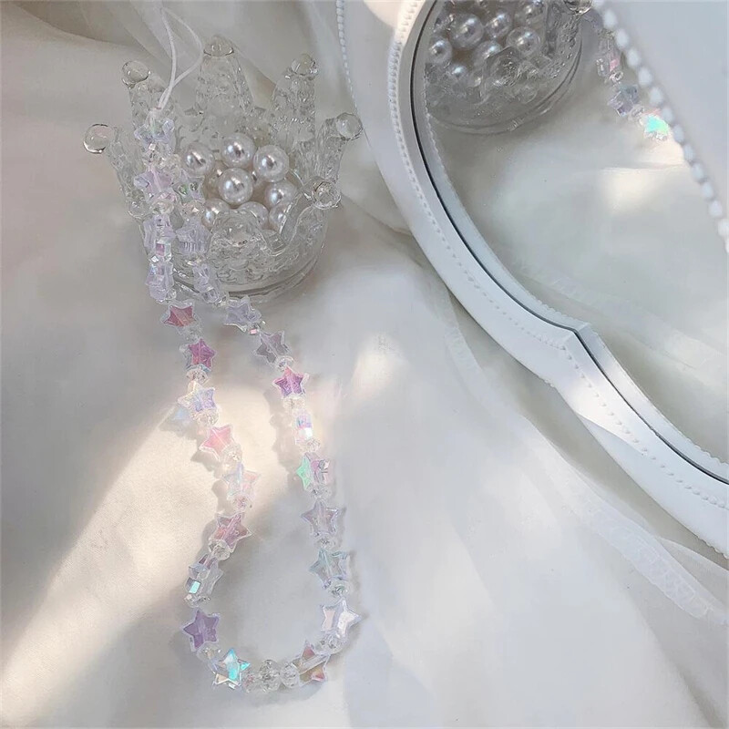 Telefonski privjesak sa zvjezdanim perlama Slatki korejski telefonski privjesak s akrilnim perlama, raznobojne naramenice protiv gubitka telefona, viseći nakit Djevojke