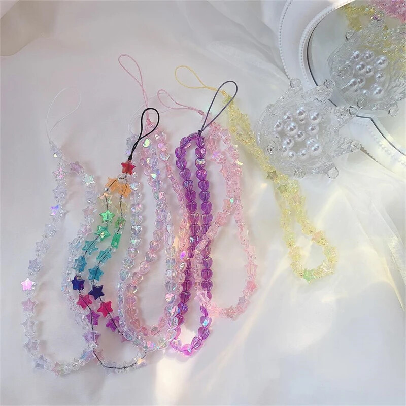Telefonski privjesak sa zvjezdanim perlama Slatki korejski telefonski privjesak s akrilnim perlama, raznobojne naramenice protiv gubitka telefona, viseći nakit Djevojke