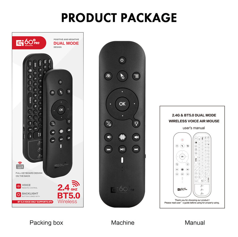 Novi G60S Pro BT bežični glasovni daljinski upravljač 2.4G BT5.0 Dual Mode Air Mouse IR učenje s pozadinskim osvjetljenjem za Android TV Box